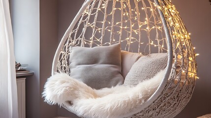 A white hanging chair decorated with string lights and pillows in a cozy corner of a room setting