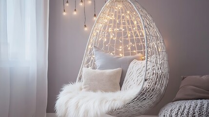 A cozy indoor egg chair with white cushions and string lights creating a relaxing atmosphere at home