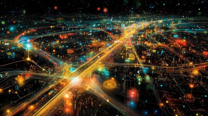 Aerial View of City at Night with Bright Lights and Traffic