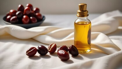 Chinese date fruit and oil. Jojoba oil in a transparent bottle with a dropper and fresh jojoba fruit on a white background.