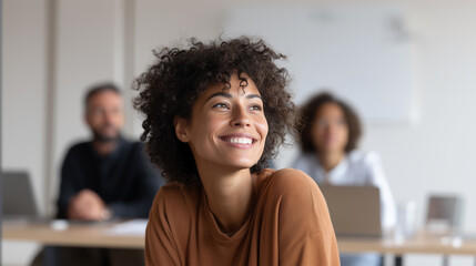 Professional woman employee engaged meeting listening smiling happy attentive participant conference seminar workplace look focus work