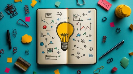 Creative Workspace with Sketches and Colorful Stationery Items