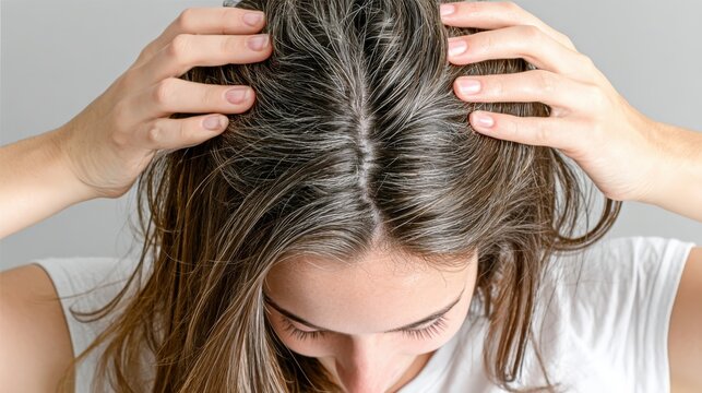 Young woman inspects her greasy hair and scalp against a white background