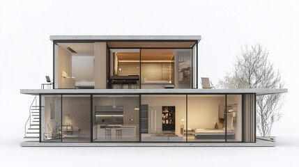 Modern two story house with glass walls and minimalist design