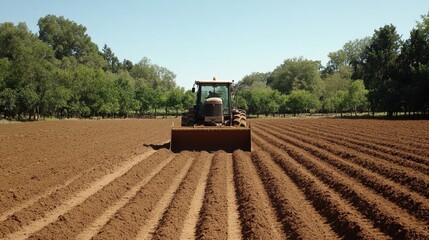 Tractor plowing a field in bright sunlight, with trees lining the horizon in the background