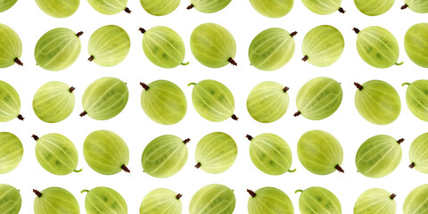 Fresh green gooseberries forming a repetitive pattern on white background