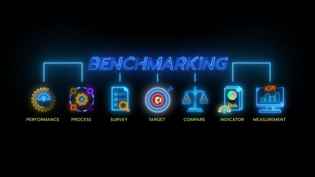Benchmarking concept, something that serves as a standard by which others may be measured or judged. Glowing neon line of Benchmarking banner web icons isolated on transparent background.