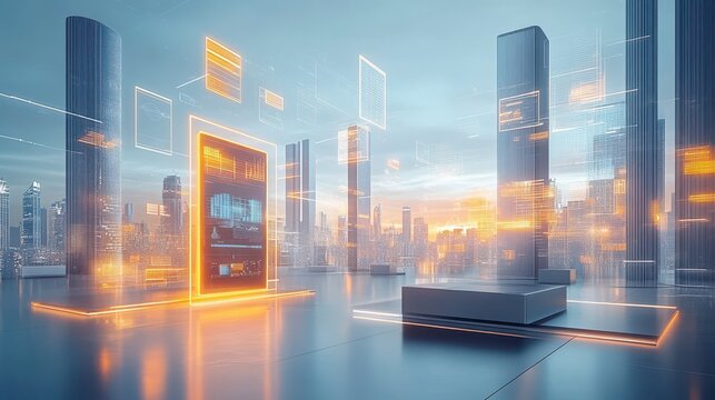 Futuristic Cityscape with Digital Interfaces and Glowing Graphics