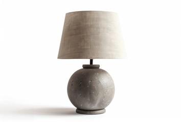 A stylish round concrete lamp with a textured shade illuminating a minimalist interior in soft evening light isolated on transparent background