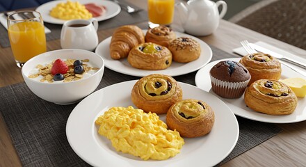 Scrumptious Breakfast Table:  Pastries, Scrambled Eggs, and Cereal Delight