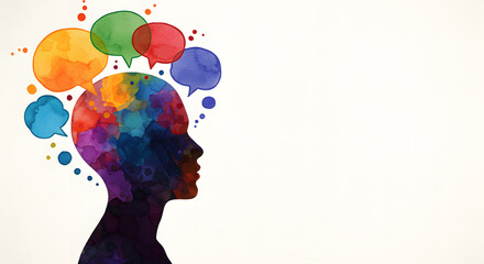 Abstract silhouette with colorful thought bubbles on white background  