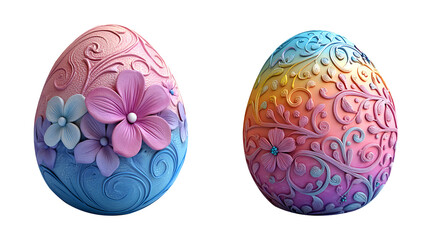 Fototapeta premium Set of two colorful Easter eggs with floral decoration and pastel embossed