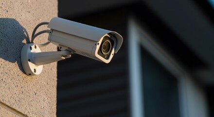 Outdoor security camera mounted on building wall