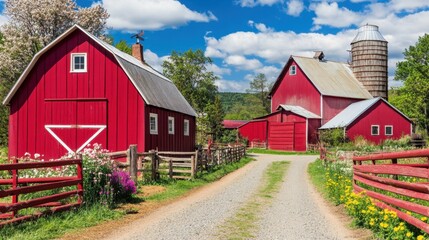 Obraz premium Vibrant red barns and a scenic dirt road under a blue sky with fluffy clouds in a rural setting