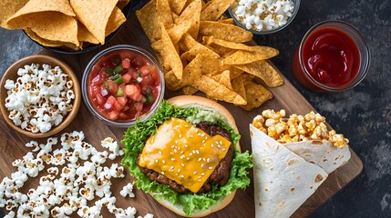 Overhead view of a wooden board with a burger, chips, popcorn, salsa, and other snacks displayed