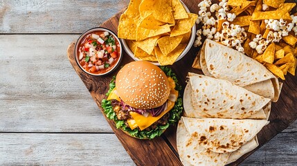 Overhead shot of burger, salsa, tortilla wraps, nachos, and popcorn on a wooden serving board