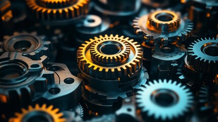 Close-Up View of Metallic Gears with Warm Lighting Effects