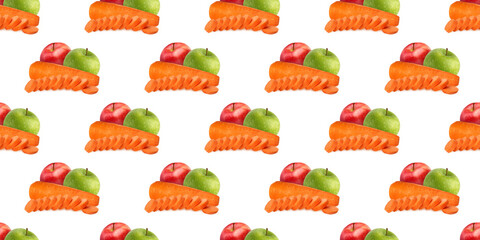 Seamless pattern of sliced carrots and apples creating a vibrant design on white background
