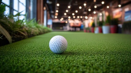 White Golf Ball on Green Artificial Turf Indoor Putting Green