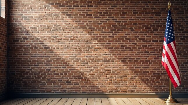 American flag on gold pole in empty room with brick wall and sunlight, interior space with copy space