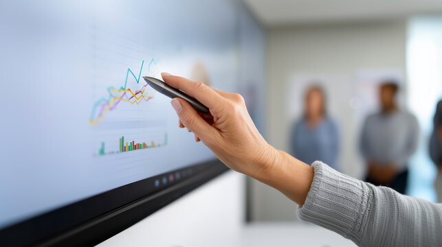 Hand pointing data chart screen business meeting presentation analysis strategy stylus