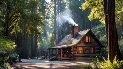 A cozy log cabin with smoke rising from the chimney nestled in a lush green forest with tall trees