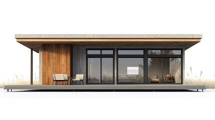 Modern minimalist house with large windows and wooden accents