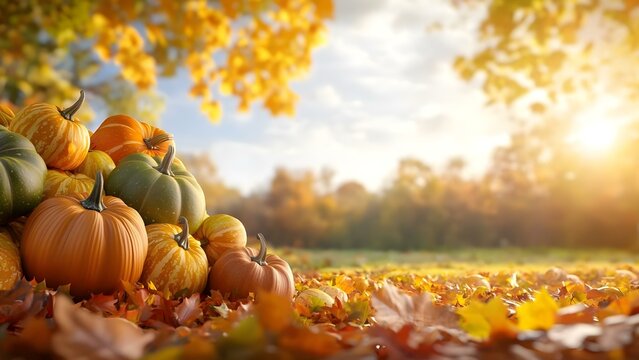 A beautiful autumn scene with a colorful pile of pumpkins surrounded by fallen leaves and a warm, glowing background. Concept Autumn Aesthetics, Pumpkin Display, Cozy Atmosphere, Vibrant Leaves