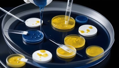 Close-up - the structure of the gel drips from a cosmetic pipette. Transparent cosmetic gel in a Petri dish. Laboratory research and development of cosmetics for body care