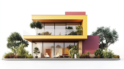 Modern two story house with vibrant colors and lush greenery