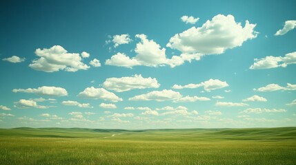 Obraz premium Vast Green Field Under a Blue Sky with Fluffy White Clouds