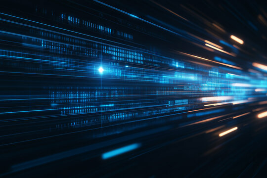 Background with blurred data lines and blue glowing elements symbolizing the speed of information transfer