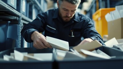 A postal worker sorting letters in a distribution center. Featuring efficiency and organization