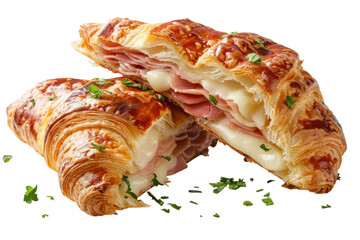 Gourmet croissant filled with ham and cheese garnished with fresh herbs, perfect for any breakfast or brunch setting isolated on transparent background