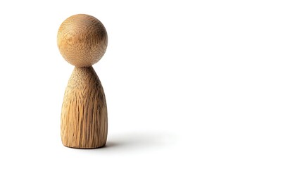 A wooden figure with a round head and a conical body on a white surface with a soft shadow to the left