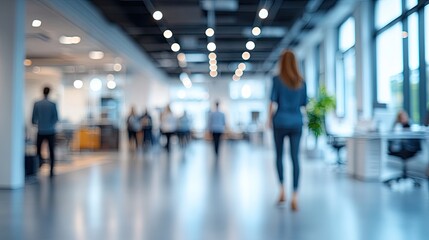 Business office with blurred people in casual wear, bokeh background. Perfect for workplace designs, business presentations, or as a backdrop for corporate-related projects.