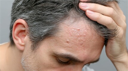 Obraz premium Scalp inflammation with redness and scaling near hairline in a man with short black hair