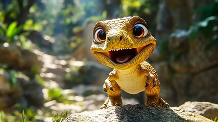 A cheerful animated lizard character smiling joyfully in a lush, vibrant forest setting - Powered by Adobe