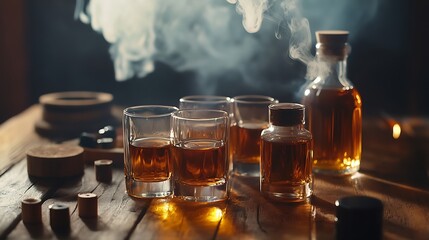 Glasses and bottles of amber liquid with smoke on a rustic wooden table in a dimly lit setting