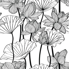 Lotus Vector flowers with leaves seamless pattern. Line arts design for packaging template, pattern design element, vintage background.