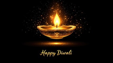 Golden diya with happy diwali text on black background. Diwali, Deepavali, Festival of Lights, Dipawali - Hindu Celebration, Indian Cultural Festival