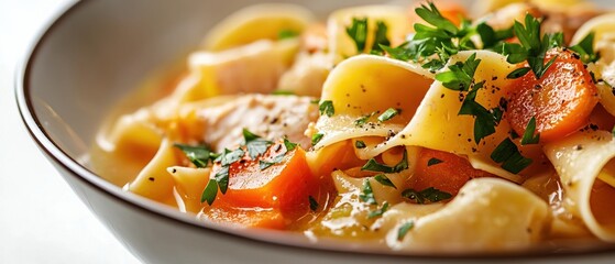 Homemade chicken noodle soup in vibrant broth on a clean white table