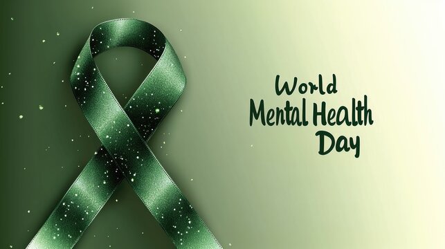 World mental health day green ribbon awareness on gradient background. Green Ribbon, Mental Health Awareness Symbol, Environmental Awareness Emblem - Multiple Cause Support Campaign