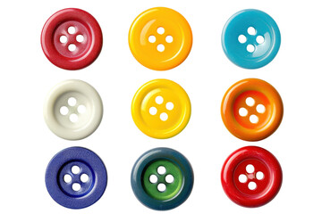 Colorful collection of vintage buttons arranged in a playful pattern on a bright, clean background isolated on transparent background