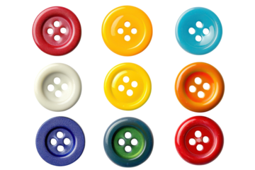 Colorful collection of vintage buttons arranged in a playful pattern on a bright, clean background isolated on transparent background