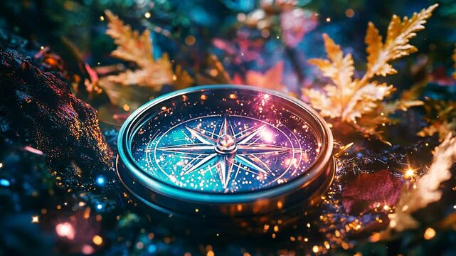 Mystical Compass amidst Enchanted Forest Glade with Sparkling Magic Dust