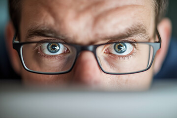 Man with wide open eyes in glasses staring at screen in shock or surprise