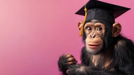 Chimpanzee Graduation, Pink Background,  Smiling,  Academic