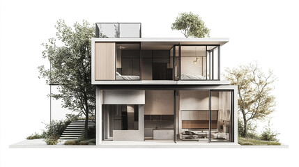 Modern two story house with large windows and minimalist design