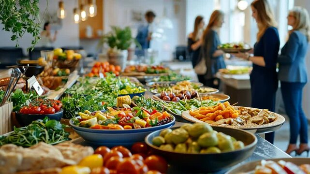 Catering food on a long table for a corporate event with fresh healthy salad
